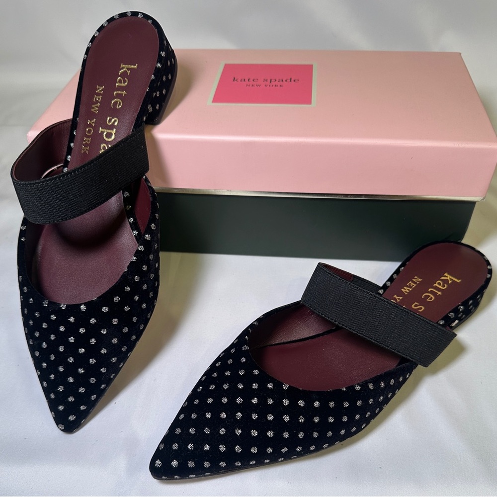 kate spade Black Velvet Pointed Mules with Silver Dot Detailing
